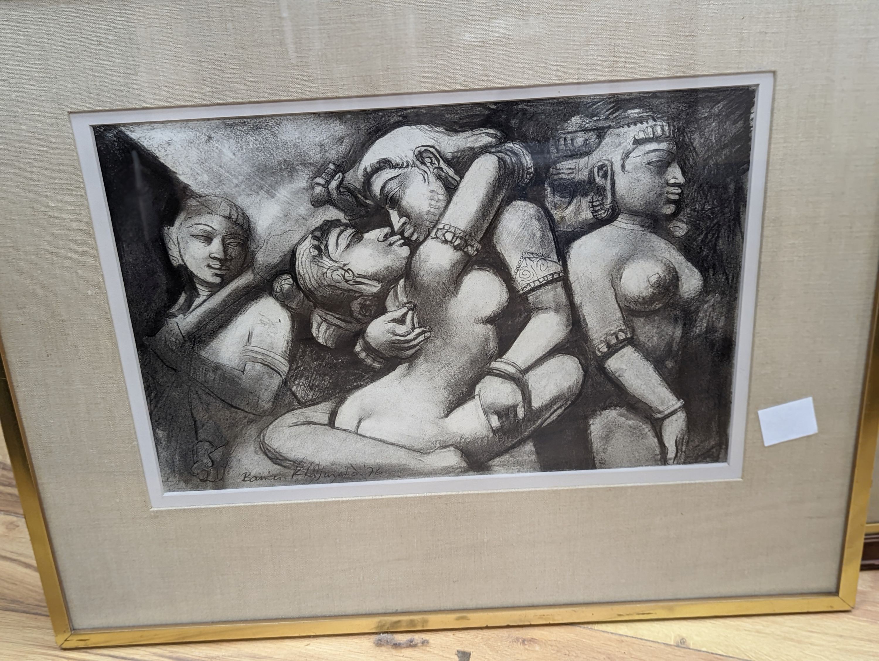 Harry Baines (1910-1995), five assorted works, 'Fruit Seller, Bombay', abstract 'Deccan Hills', 'Maithuna' and 'Marwari Woman', signed, some with labels, largest 42 x 57cm